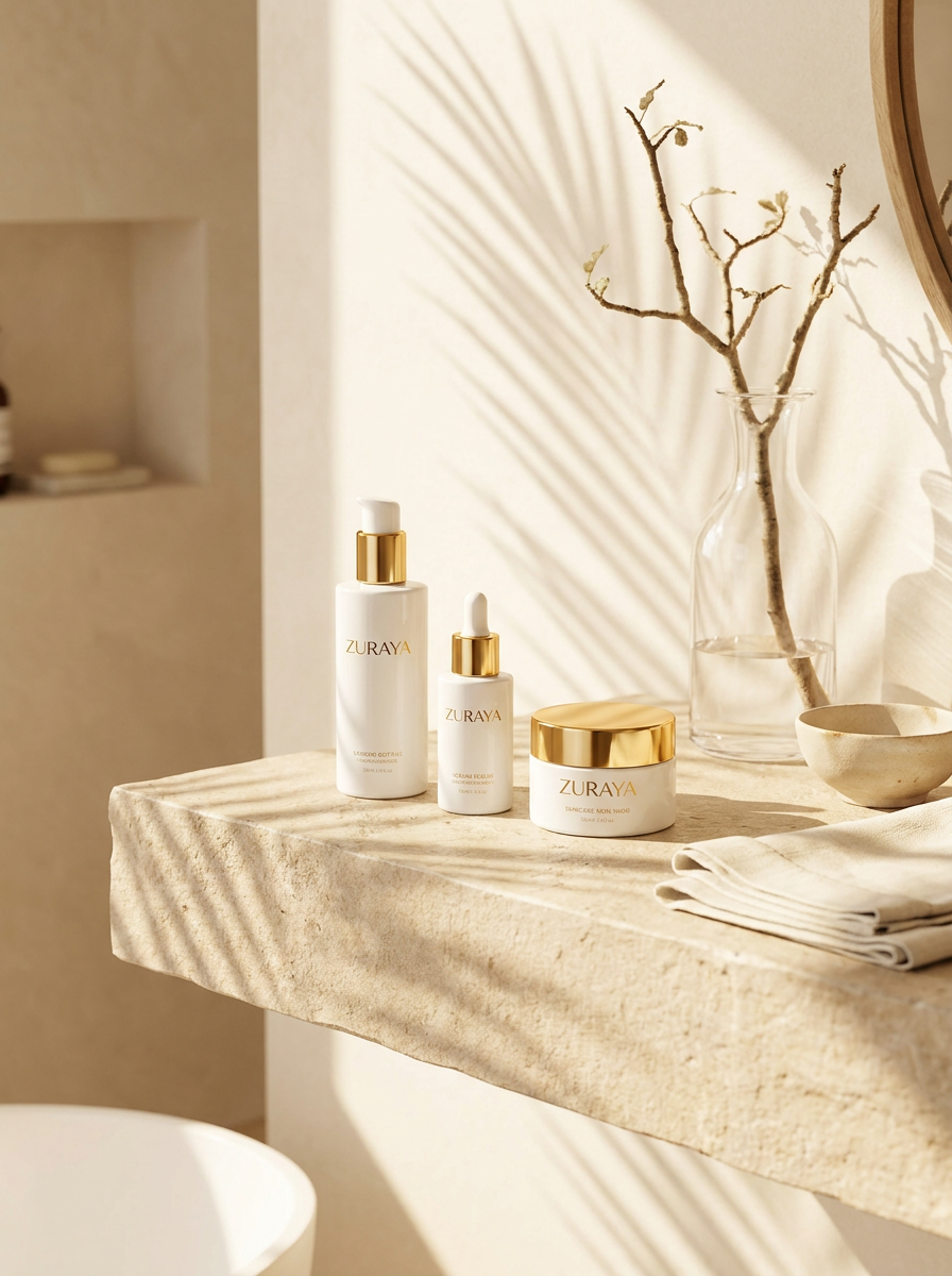 The three ZURAYA products set in a bright bathroom