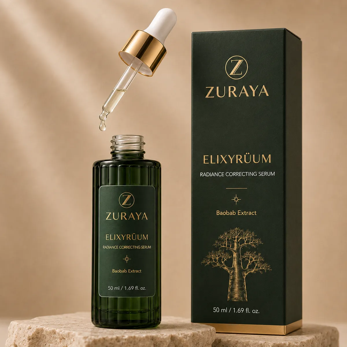 ELIXYRÜUM dropper lifted above the open bottle, green box behind