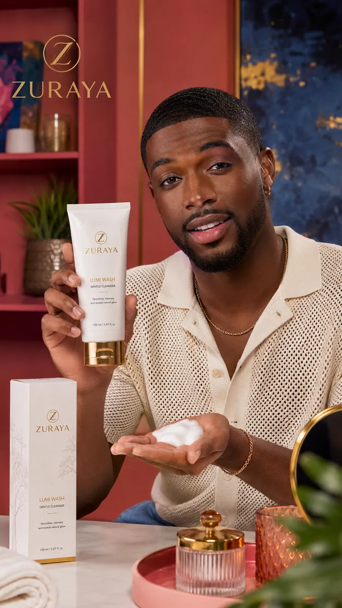 Black man holding the LUMI WASH tube, a little foam in his palm