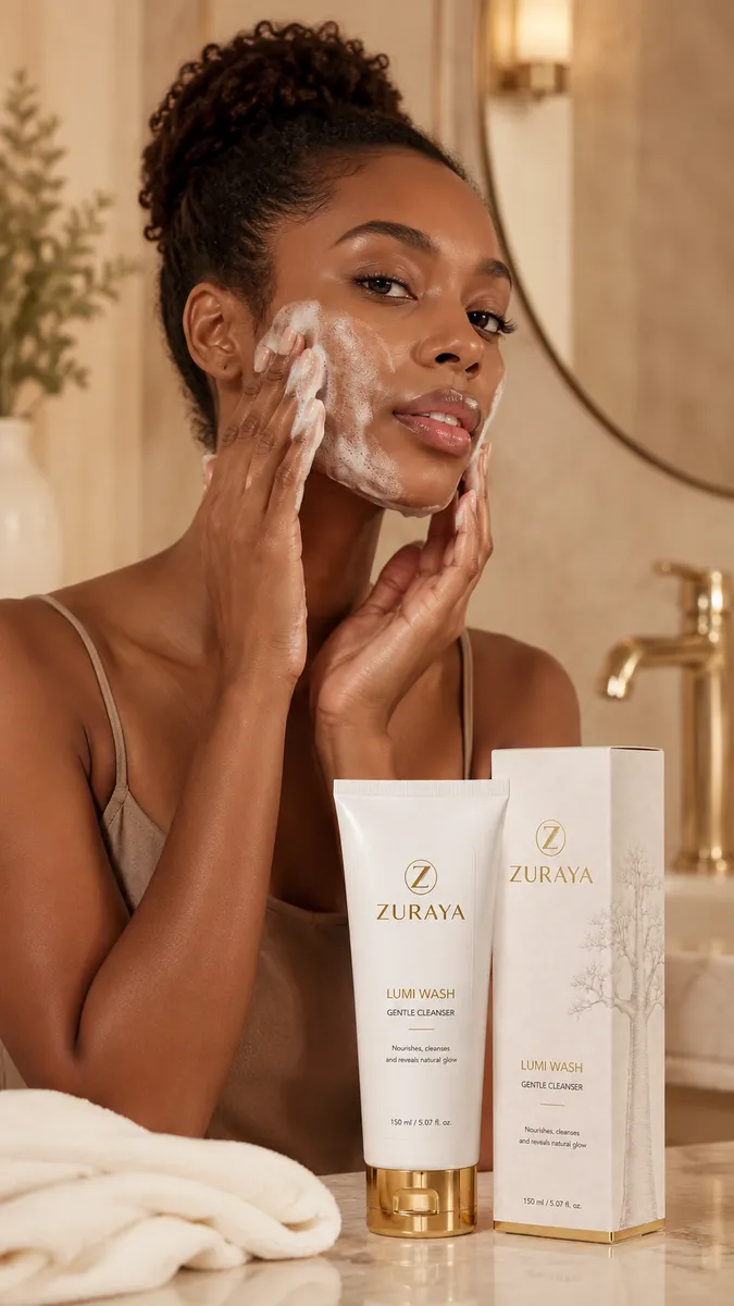 Black woman massaging LUMI WASH foam onto her face in front of a mirror