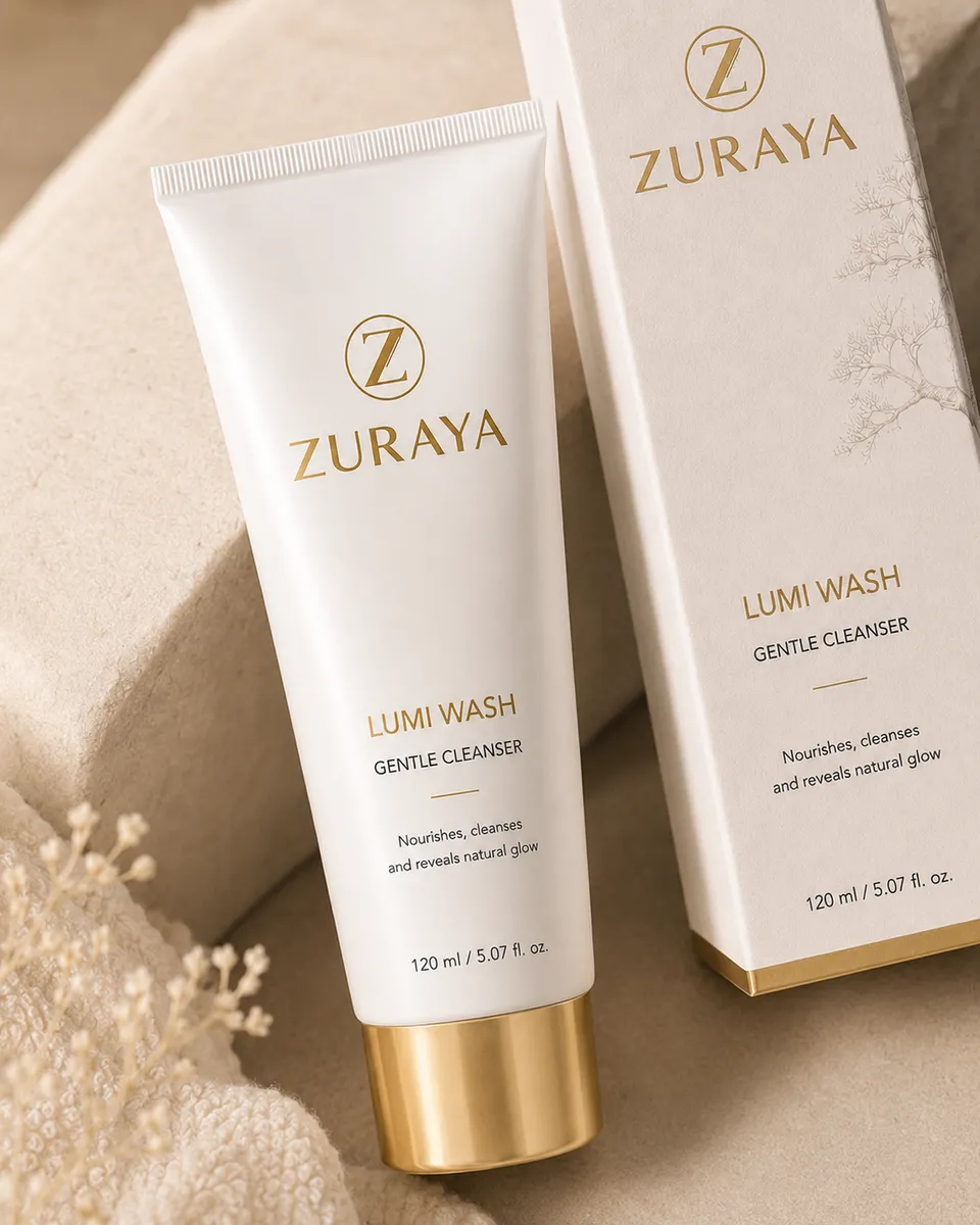 LUMI WASH tube and box, ZURAYA gentle cleanser, resting on a cream fabric
