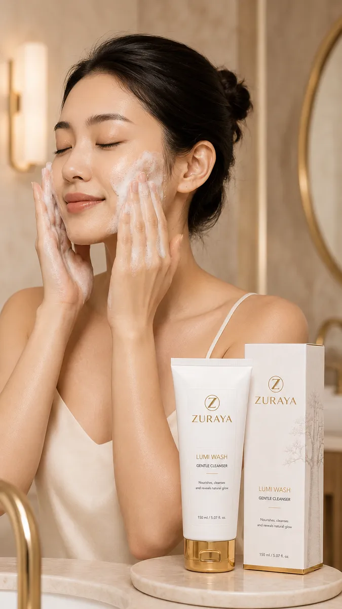 Asian woman, eyes closed, cleansing her face with LUMI WASH foam
