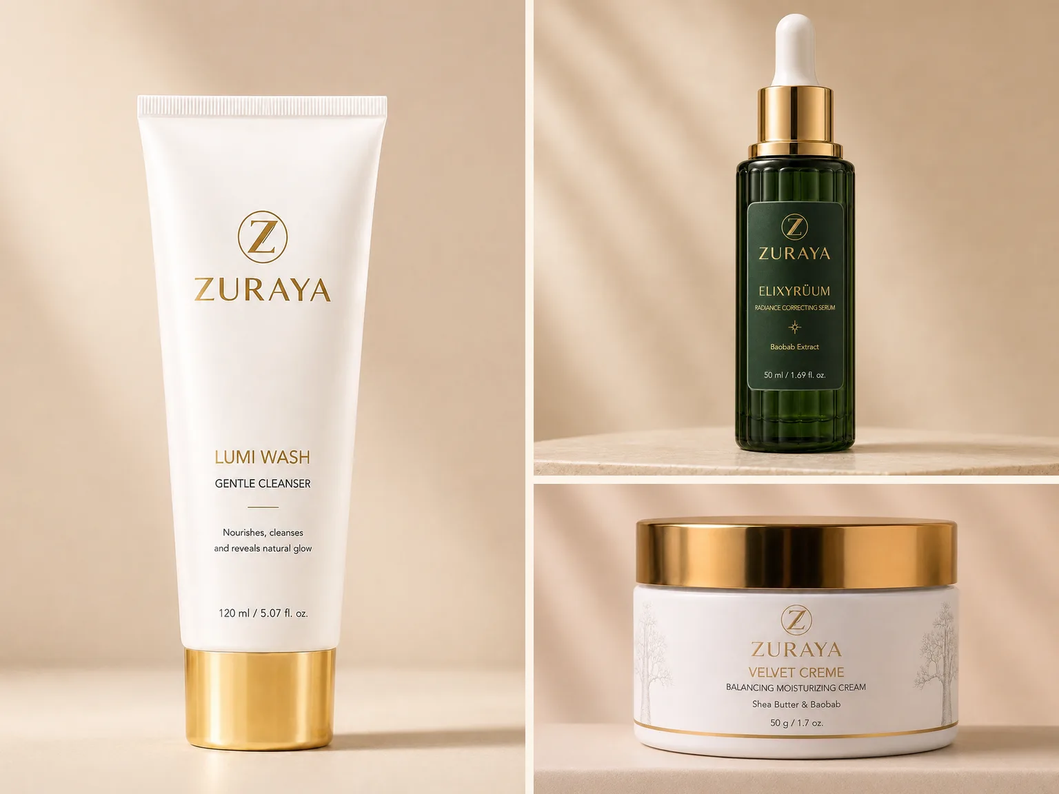 The complete ZURAYA routine: Lumi Wash, Elixyrüum and Velvet Cream