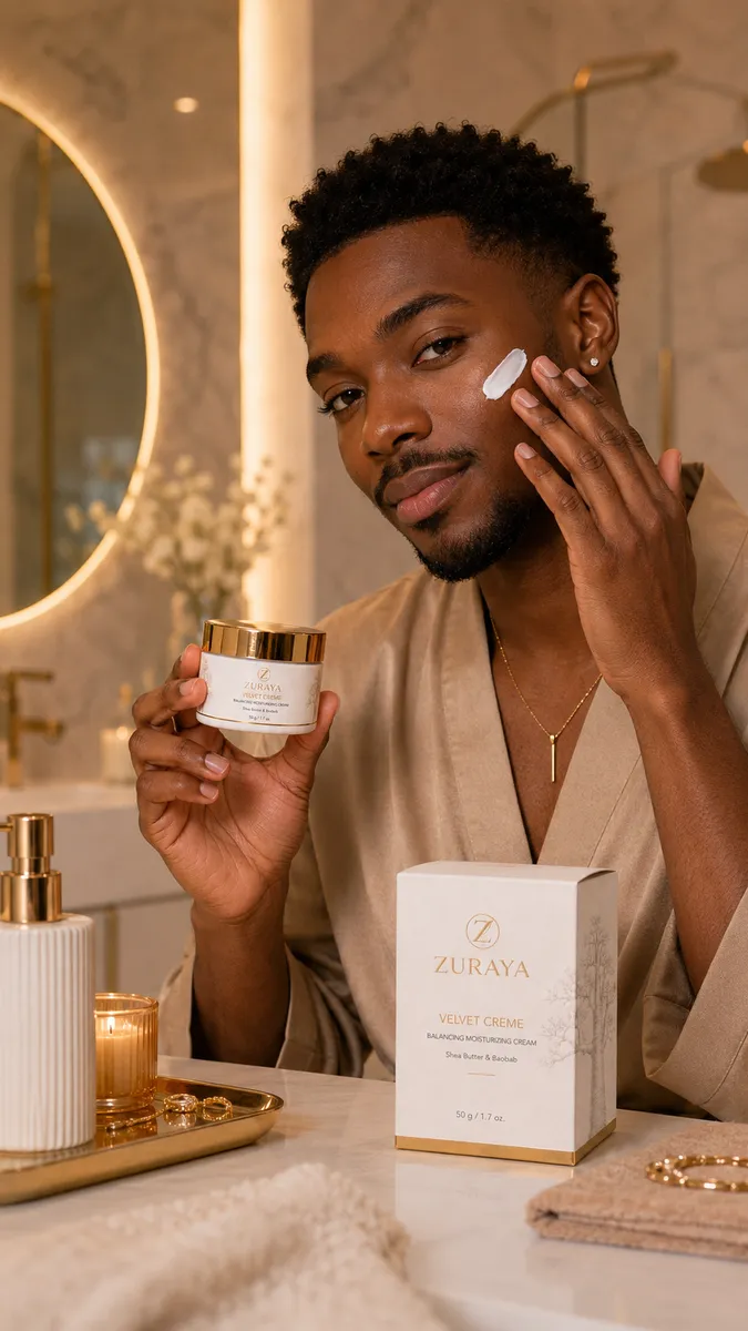 Black man applying VELVET CREAM to his cheekbone, gold jar in hand