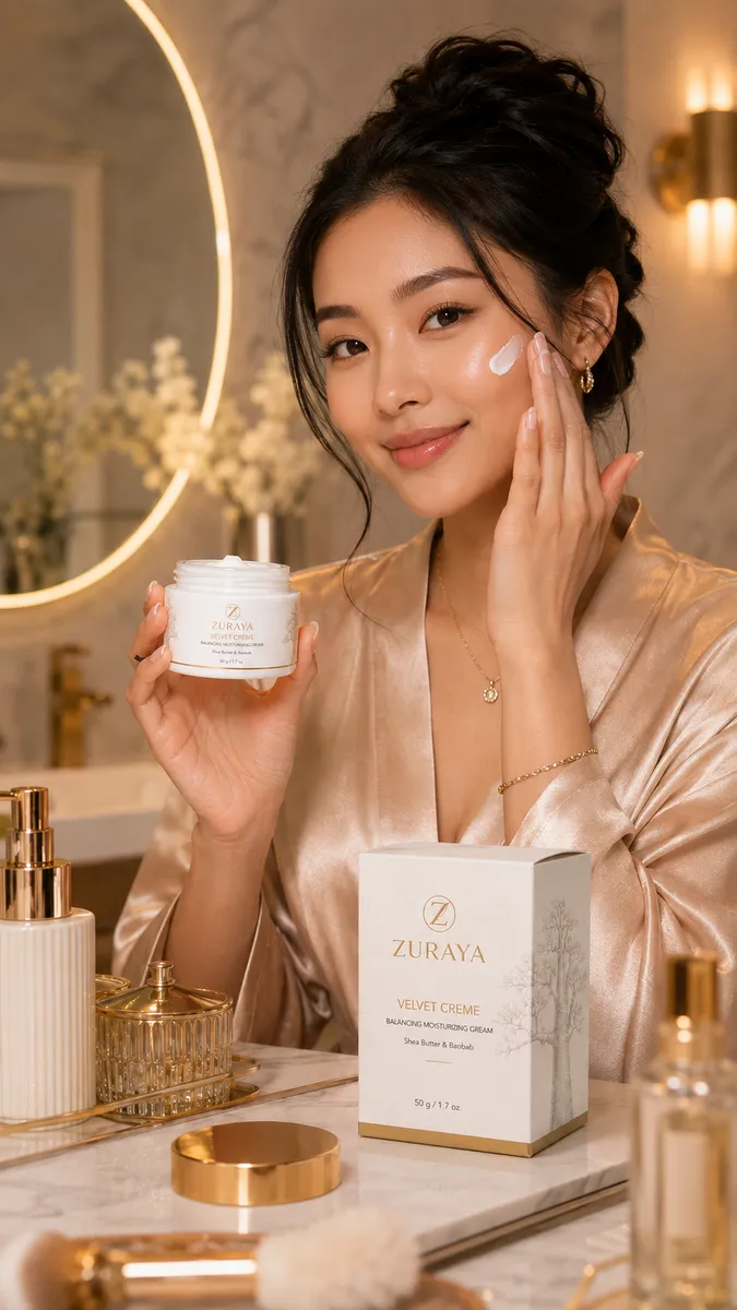 Asian woman applying VELVET CREAM to her cheek, jar in hand