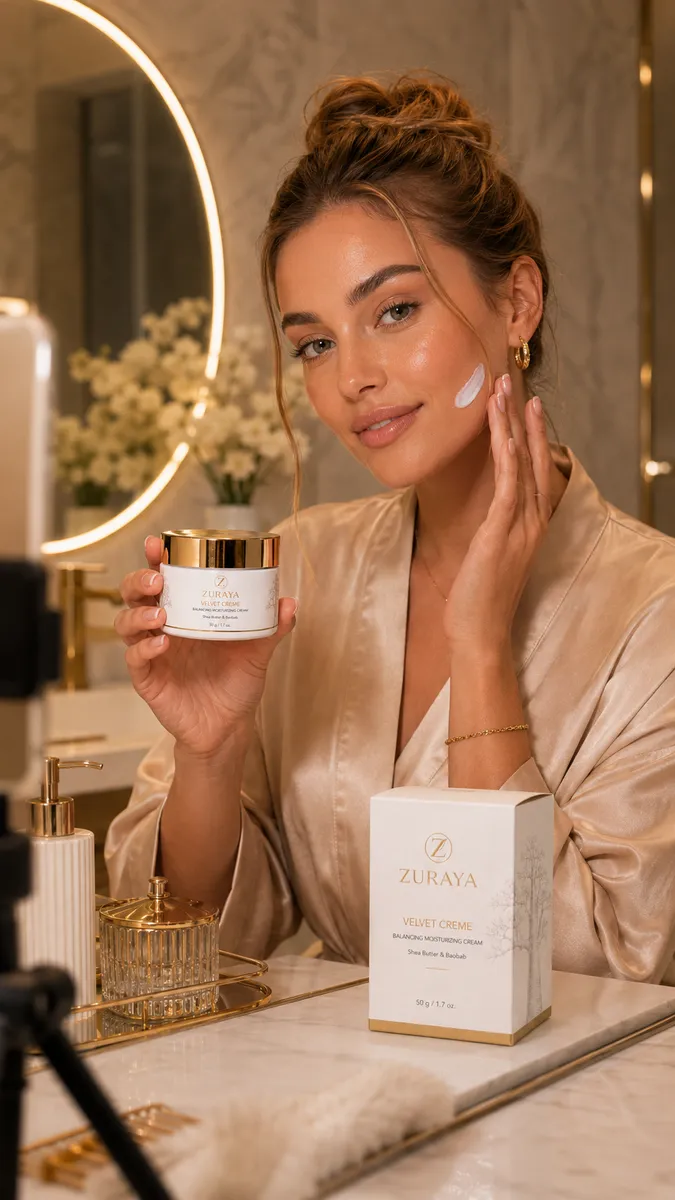 Woman in a satin robe holding the VELVET CREAM jar, a touch of cream on her cheek